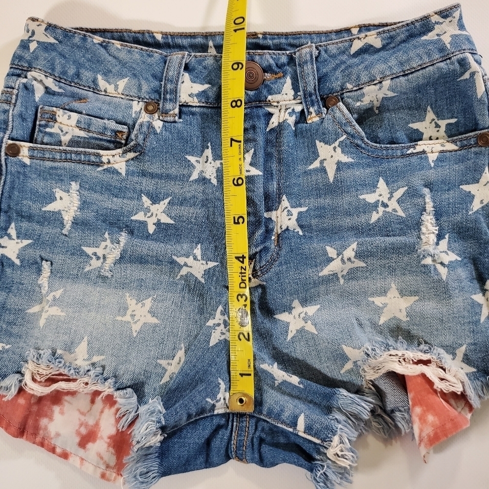 2068 * No Boundaries Star Print Denim Shorts Blue White Red Size 3 Juniors - Picture 7 of 10